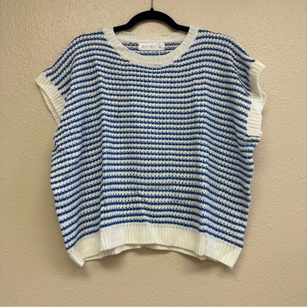 Striped Round Neck Sleeveless Sweater Blue and White Size XL - Picture 2 of 6